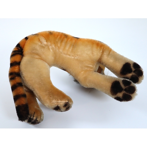 108 - Vintage 1950's Mohair Steiff Tiger laying down - 22cm with original paper tag