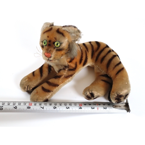 108 - Vintage 1950's Mohair Steiff Tiger laying down - 22cm with original paper tag