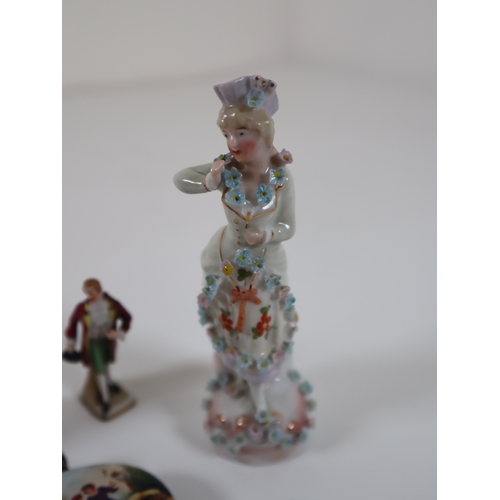 126 - Miniature 19th century Capodimonte porcelain figures, silver top bottle + Winston Churchill crown