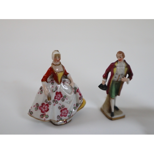 126 - Miniature 19th century Capodimonte porcelain figures, silver top bottle + Winston Churchill crown