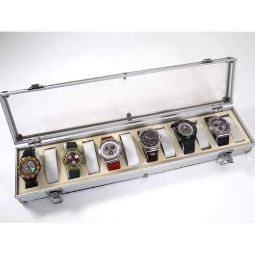 185 - 6 x Big Face Chrono Swatch Watches in Aluminium Display Case