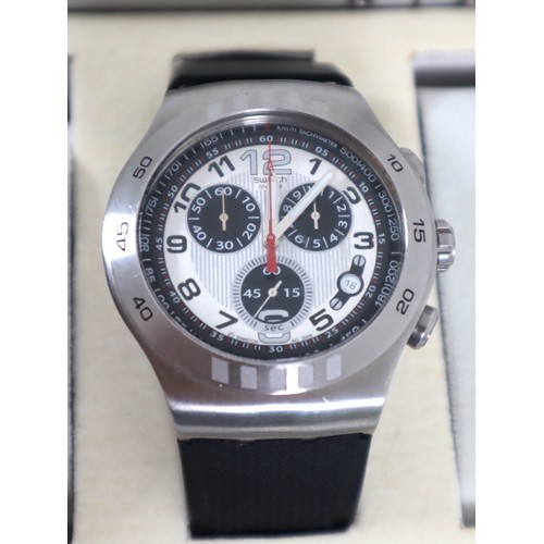 185 - 6 x Big Face Chrono Swatch Watches in Aluminium Display Case