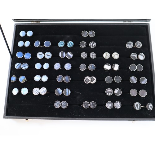 195 - Collection of Blue & Black Round Fabric cufflinks in display case