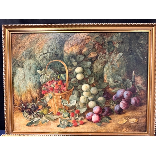 211 - Vincent Clare (c. 1855-1930) Oil on canvas Still life of basket of fruits raspberries & plums 66cm x... 