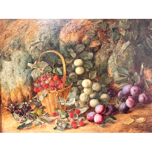 211 - Vincent Clare (c. 1855-1930) Oil on canvas Still life of basket of fruits raspberries & plums 66cm x... 