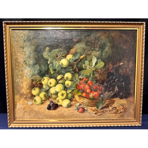 212 - Vincent Clare (c. 1855-1930) Oil on canvas Still life of basket of fruits apples, strawberries & plu... 