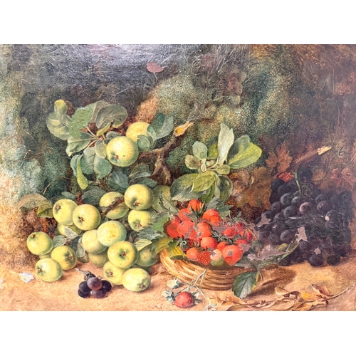 212 - Vincent Clare (c. 1855-1930) Oil on canvas Still life of basket of fruits apples, strawberries & plu... 