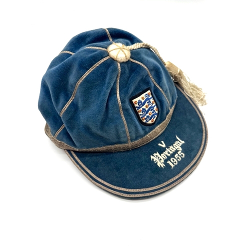 218 - Blue England International Football cap. England v Portugal 1955 awarded to Frank Blunstone Chelsea ... 