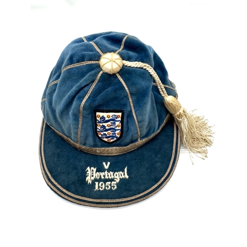 218 - Blue England International Football cap. England v Portugal 1955 awarded to Frank Blunstone Chelsea ... 