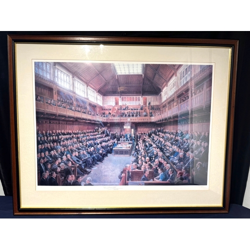 225 - Framed print House of Commons in Session July1986 by June Mendoza signed by Bernard Weatherill Speak... 