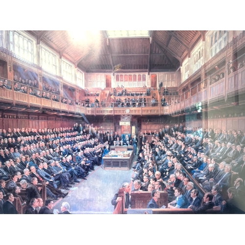 225 - Framed print House of Commons in Session July1986 by June Mendoza signed by Bernard Weatherill Speak... 