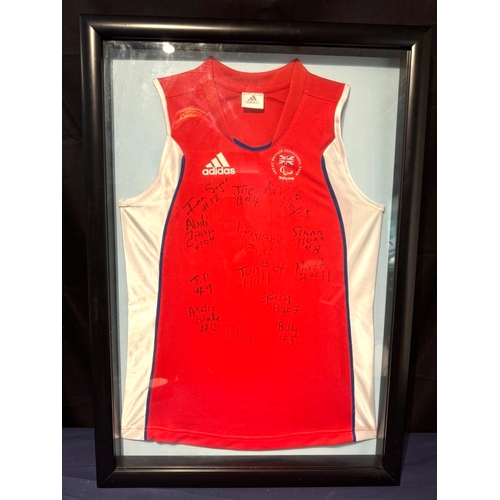 229 - Framed & Signed Great Britain Paralympics Team Beijing 2008 Jersey signed by Athletes 54cm x 76cm