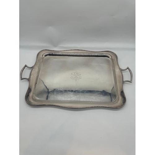 235 - Silver plate serving tray with inscription 