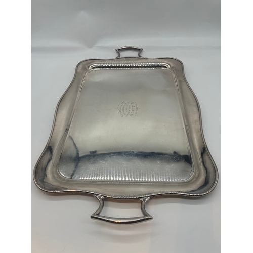 235 - Silver plate serving tray with inscription 