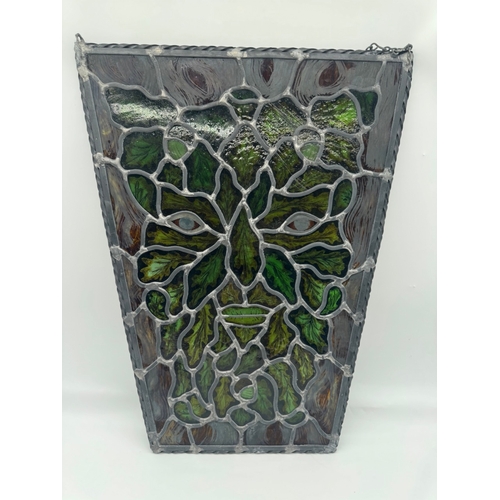 238 - Vintage Green Man leaded stain glass plaque - 54cm x 42cm