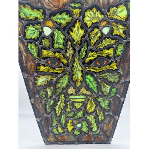 238 - Vintage Green Man leaded stain glass plaque - 54cm x 42cm