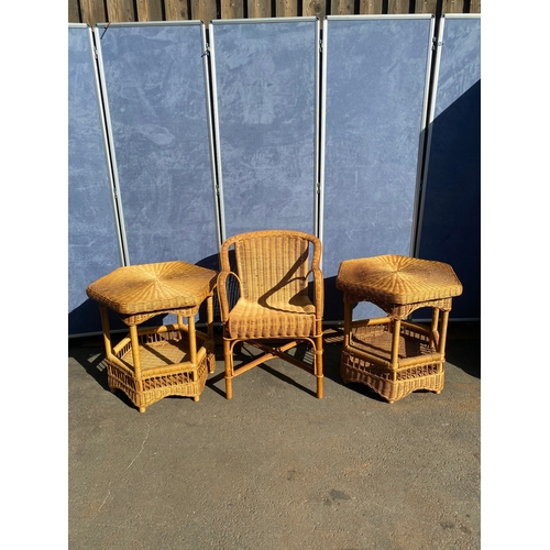 817 - Two wicker tables and a wicker arm chair