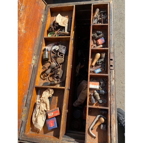 821 - Large wooden tool chest and contents