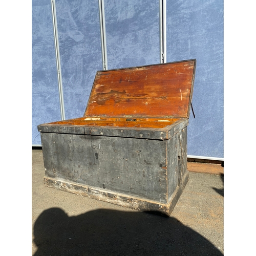 821 - Large wooden tool chest and contents