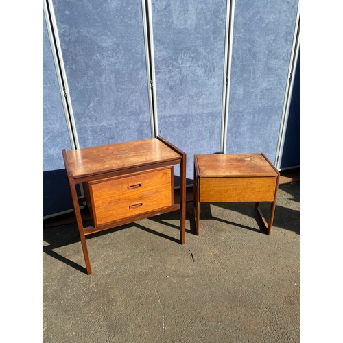 822 - Mid century teak two drawer bedside unit and sewing box with contents