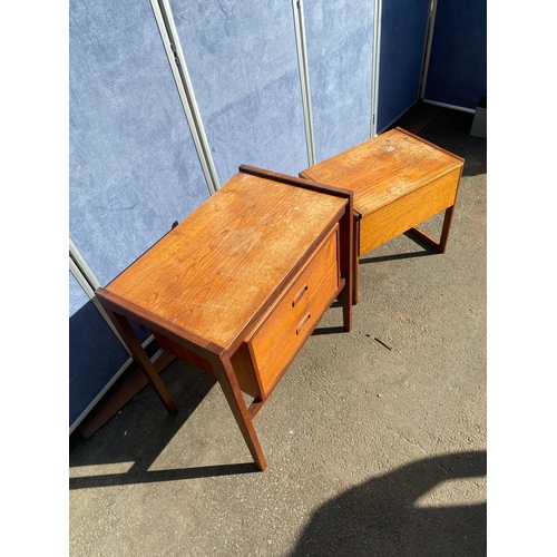 822 - Mid century teak two drawer bedside unit and sewing box with contents