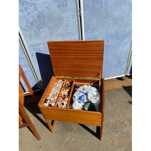 822 - Mid century teak two drawer bedside unit and sewing box with contents