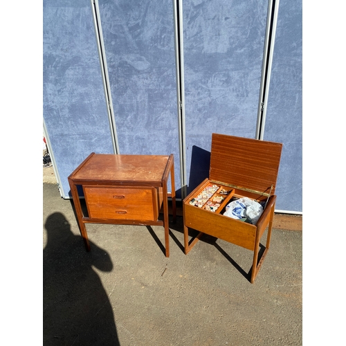 822 - Mid century teak two drawer bedside unit and sewing box with contents