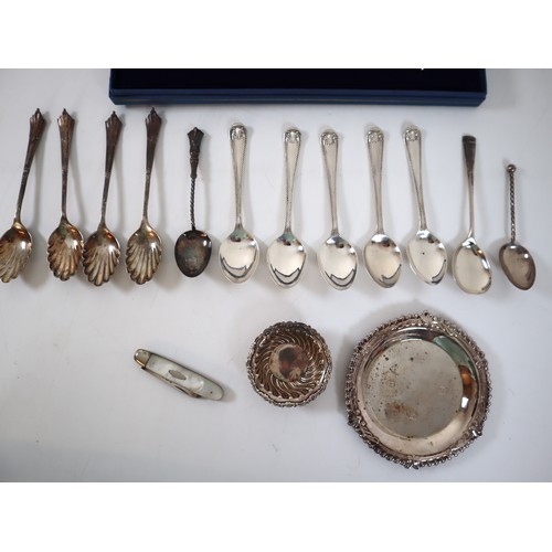 19 - Assortment of Sterling Silver Teaspoons, Curb necklace & mustard dishes - 245g