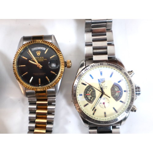 24 - Collection of watches including copies of Rolex, Breitling, Tag Heuer + Gold plated Gucci Watch