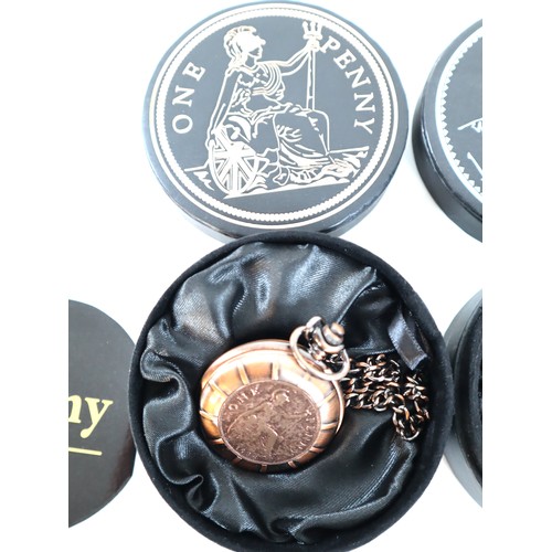 27 - Churchill , One Penny Collectable Pocket Watches in cases + Limited Edition One Penny Keyring