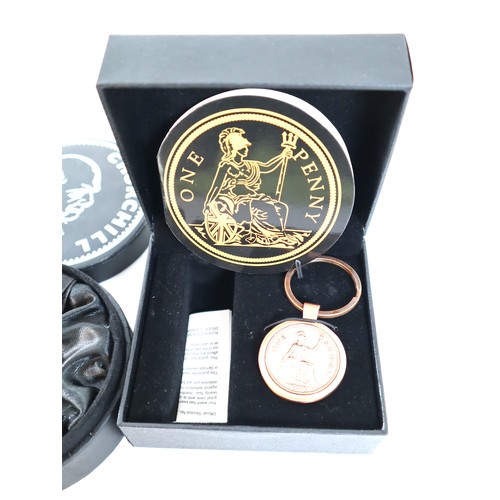 27 - Churchill , One Penny Collectable Pocket Watches in cases + Limited Edition One Penny Keyring