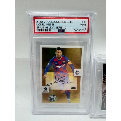 62E - Lionel Messi Spanish Liga Serie 10 2020-21 Colecciones PSA 9 Mint + 2021 Panini Obsidian Raphael Gue... 