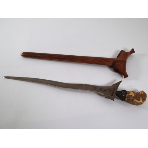 54 - Late 19th Century Indonesian Keris / Kris Meteorite  Damascus blade with bone and white metal hilt i... 