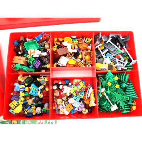 204 - Collection of various minifigures + loose lego pieces in a Lego block storage case