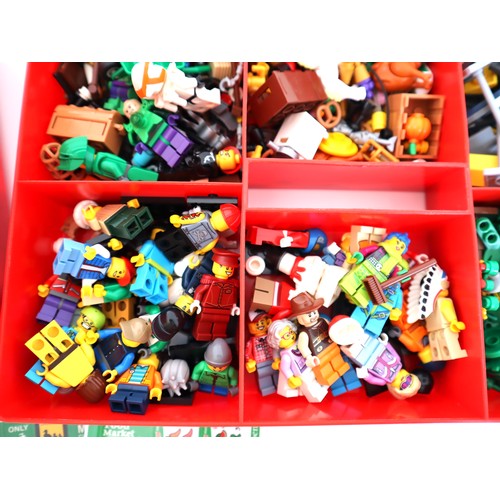 204 - Collection of various minifigures + loose lego pieces in a Lego block storage case