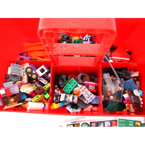 204 - Collection of various minifigures + loose lego pieces in a Lego block storage case