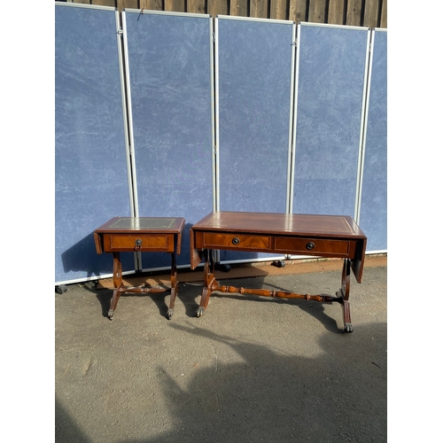 653 - Two inlaid leather top drop leaf tables.