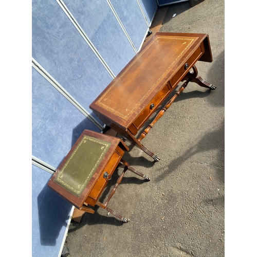 653 - Two inlaid leather top drop leaf tables.