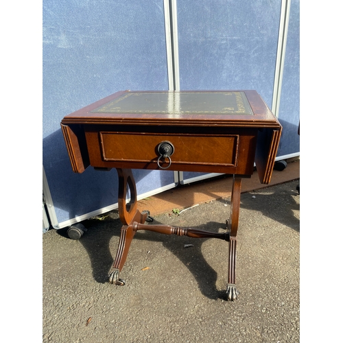 653 - Two inlaid leather top drop leaf tables.