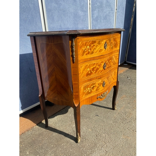 659 - Vintage French style marquetry inlaid three drawer chest of drawers