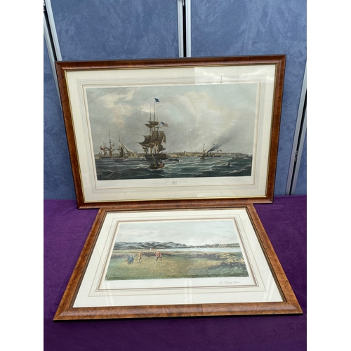 661 - Two engravings/prints including the port of Liverpool and The putting green.