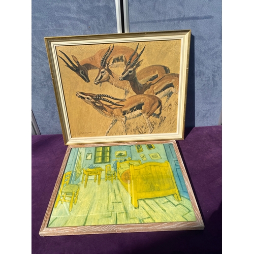 677 - mid century framed print by Keith Shackleton 'Gazella in the Sun' and bedroom Van Gogh print