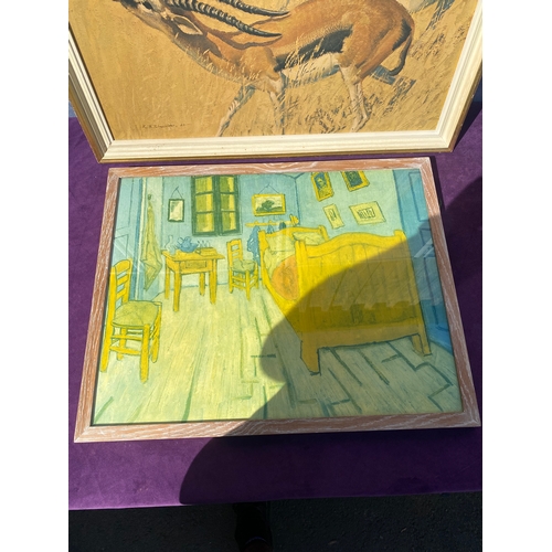 677 - mid century framed print by Keith Shackleton 'Gazella in the Sun' and bedroom Van Gogh print