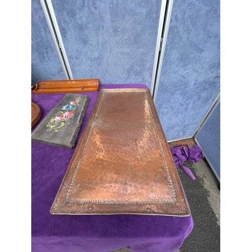 207 - Collection of Copper and wooden items including trays and an Abacus.