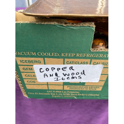 207 - Collection of Copper and wooden items including trays and an Abacus.