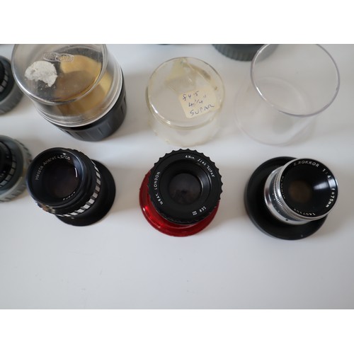 64 - Various Vintage enlarging lenses including Wray 4.24inch 4.5 supar, Fujimoto e lucky 3.5 75mm, dallm... 