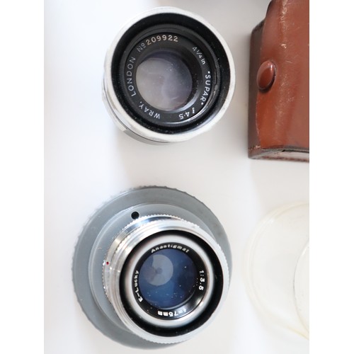 64 - Various Vintage enlarging lenses including Wray 4.24inch 4.5 supar, Fujimoto e lucky 3.5 75mm, dallm... 