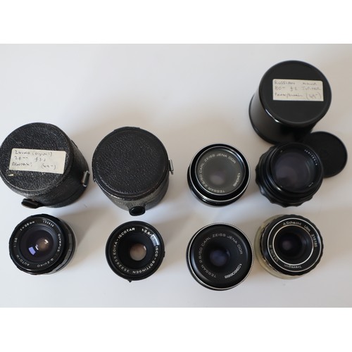 68 - Collection of vintage camera lenses Carl Zeiss Tessar 2.8 50mm (2), Edixa Iscotar 1:2.8 50mm, Traveg... 