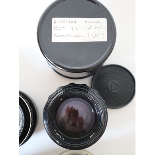 68 - Collection of vintage camera lenses Carl Zeiss Tessar 2.8 50mm (2), Edixa Iscotar 1:2.8 50mm, Traveg... 