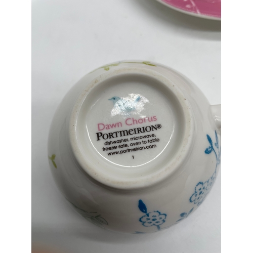 267 - Portmerion Dawn Chorus Cups saucers and teapot and Forks